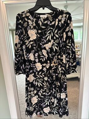 Calvin Klein Black Floral Wrap Dress with Cream and Lavender Blooms